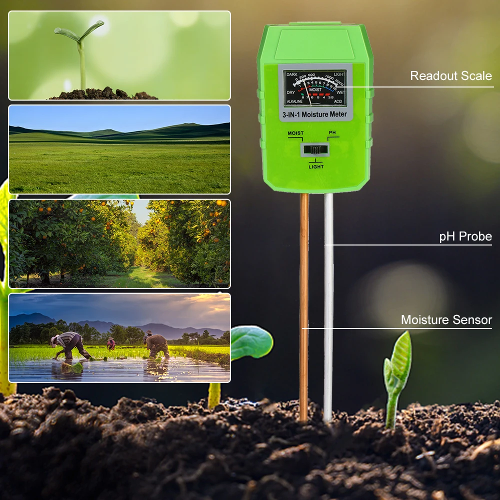 

3-in-1 Soil pH Light Moisture Meter Soil Test Kit for Indoor Outdoor Garden Lawn Farm No Battery Required