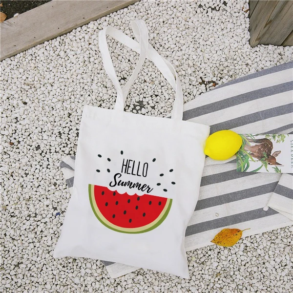 

New Women's Casual Canvas Cloth Bag Reusable Large Capacity Tote Hello Summer Watermelon Printing Shopping Bag Lady Handbag