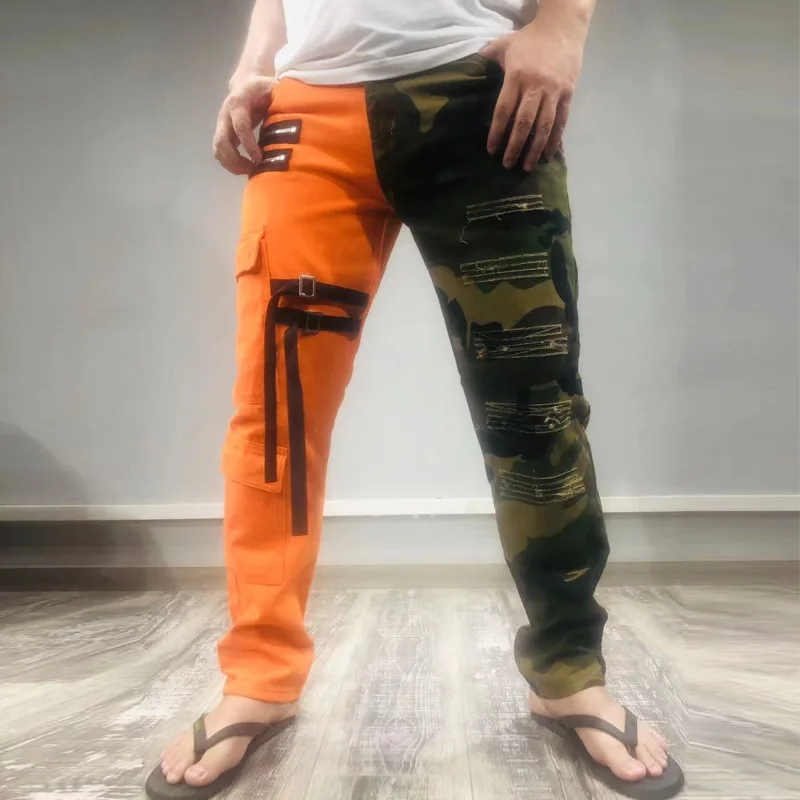 2022 Color Block Hole Ripped Hip Hop Men Slim Cargo Jeans Trousers Orange Camouflage Zipper Military Pencil Denim Pants Spodnie