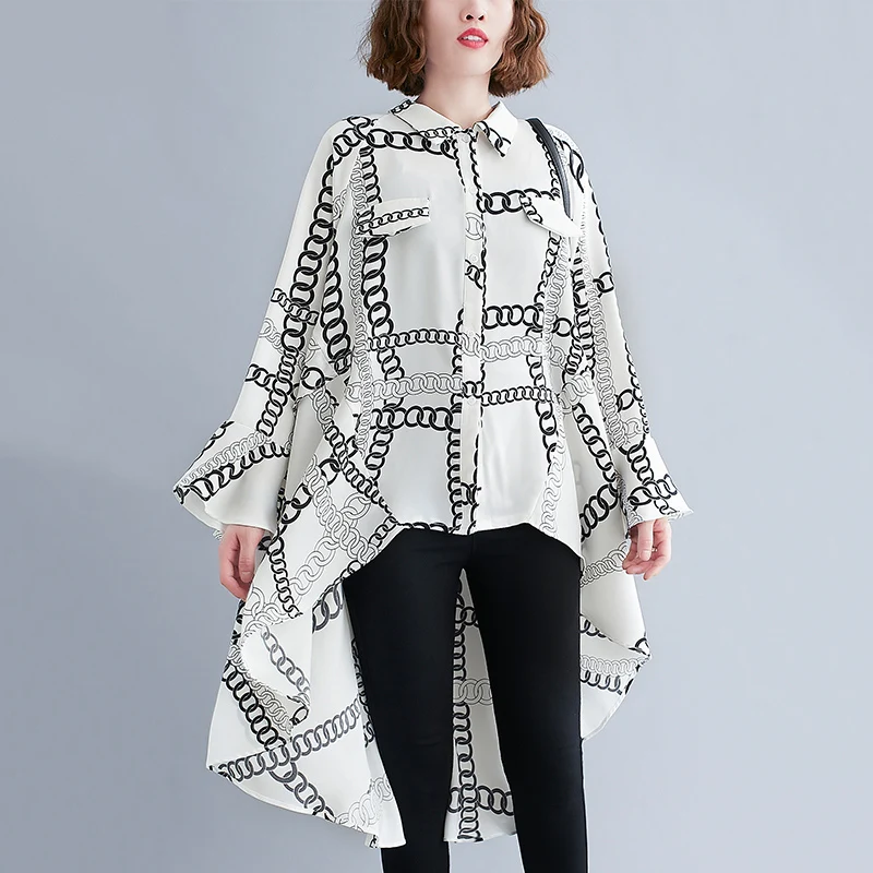 

Women Irregular Print Chiffon Black Blouse New Lapel Long Sleeve Loose Fit Casual Shirt Tops Fashion Clothes Spring Autumn 2021