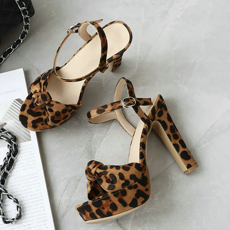 

Women Summer Sandals Open Toe Square High Heel Leopard Print Shoes Women Sweet Bow Dress Shoes White Brown Blue