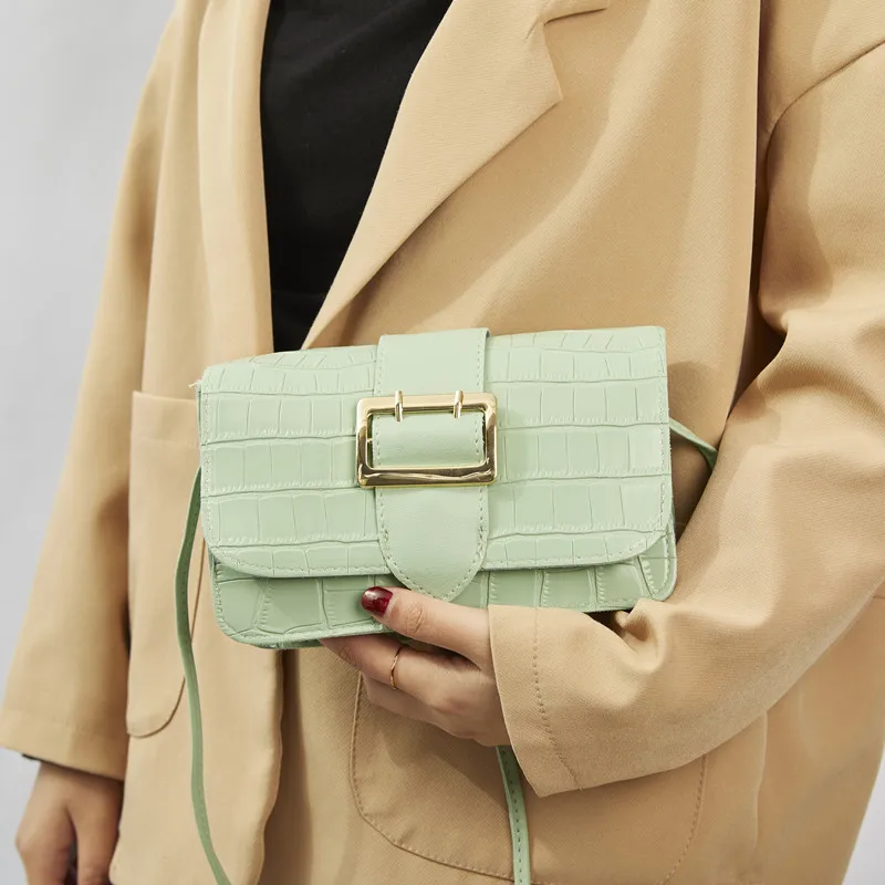 

Fashion Creative Stone Grain Square Buckle Shoulder Bag Female Simple Temperament Solid Color Messenger Bag Small Square Bag