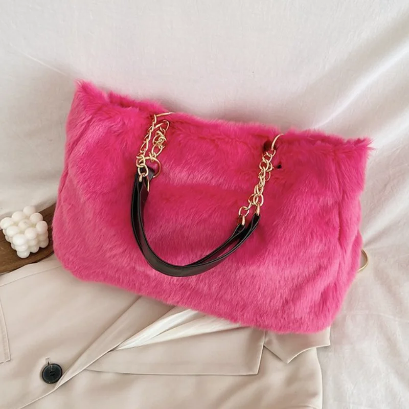 Leopard Winter Faux Fur Large Capacity Shoulder Bag for Women Ladies Soft Plush Tote Chain Travel Shopping Bags Female Handbags