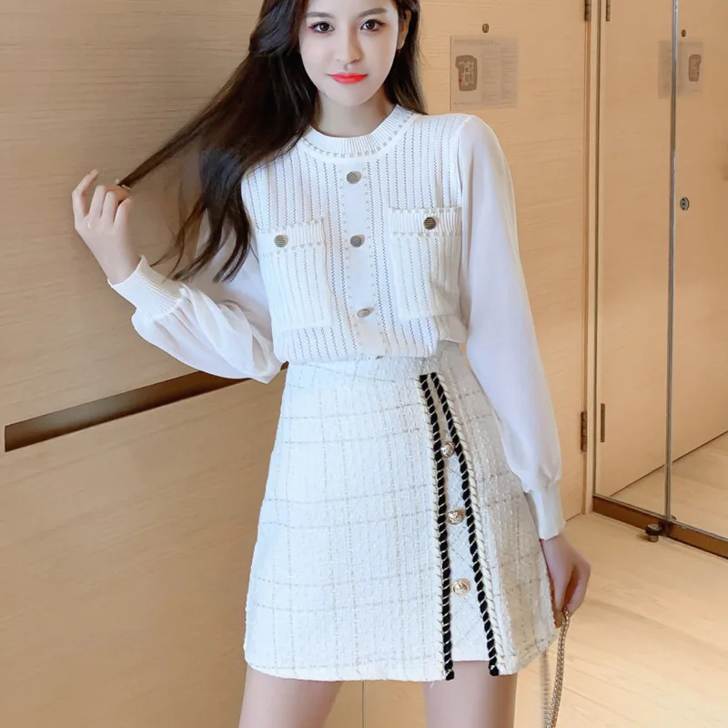 

Spring Korean Elegant 2 Piece Set Women Suits Long Sleeve Knitted Top + Slim A-line Mini Tweed Skirt Set Fashion Ensemble Femme