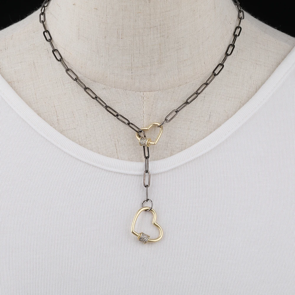 

3Pcs/Lot Gold Color Heart Oval Waterdrop Carabiner Clasps Buckle Pendant Gun Black Metal Chains Necklace Long 18 Inch