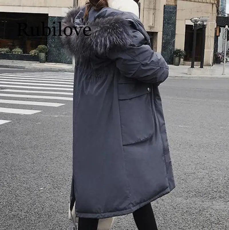 

Rubilove Women Fashion Warm Winter Fur Parkas Long Hooded Coat New Plus Size Pocket Winter Jacket Women Solid Outwear Female