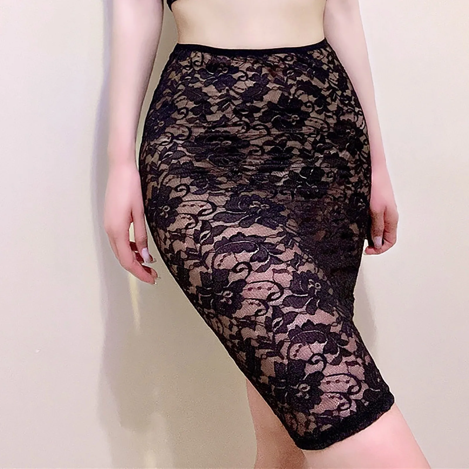 

Womens Party Clubwear See-through Underskirt Elastic Waistband Skirts Flower Pattern Lace Skirt Ladies Sexy Bodycon Pencil Skirt