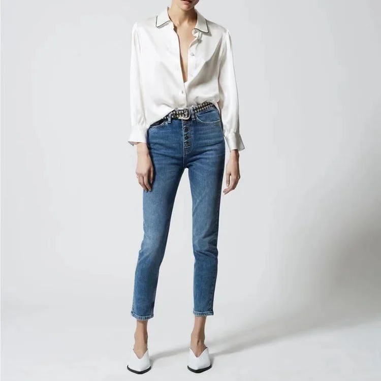 Autumn and Winter New Style Simple Metal-breasted Trousers Washed High-waisted Slimming Thin Elastic Jeans Women