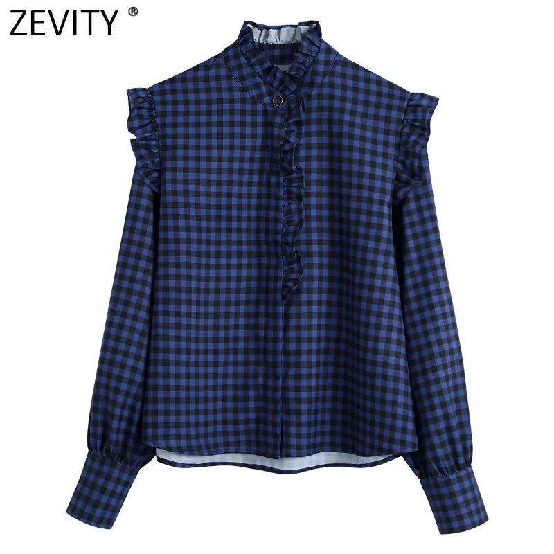 

Zevity Women Vintage Pleat Ruffles Plaid Print Casual Blouse Office Lady Single Breasted Shirts Chic Chemise Blusas Tops LS9729