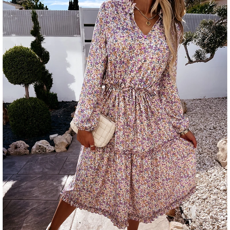

2021 Spring And Summer Women New Digital Print Small Fresh And Sweet Lace Mid-Length Dress Sexy V Neck Floral Casual Beach Dress
