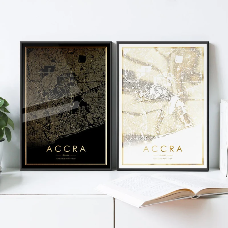 Карта города Аккры печать из настоящей золотой фольги художественный Декор Ганы