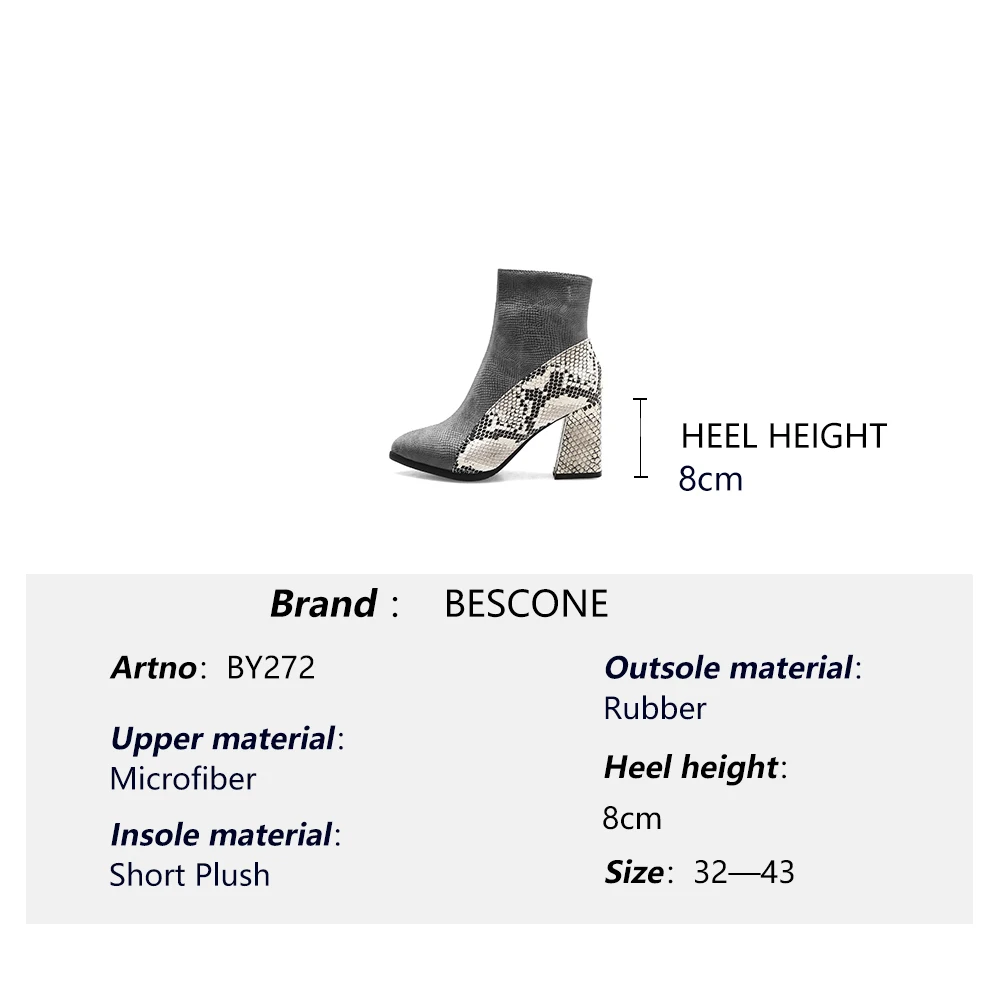 

BESCONE Winter Lady Ankle Boots Fashion Mixed Colors Pointed Toe Square Heel Shoes Handmade Microfiber Zipper Women Boots BM272