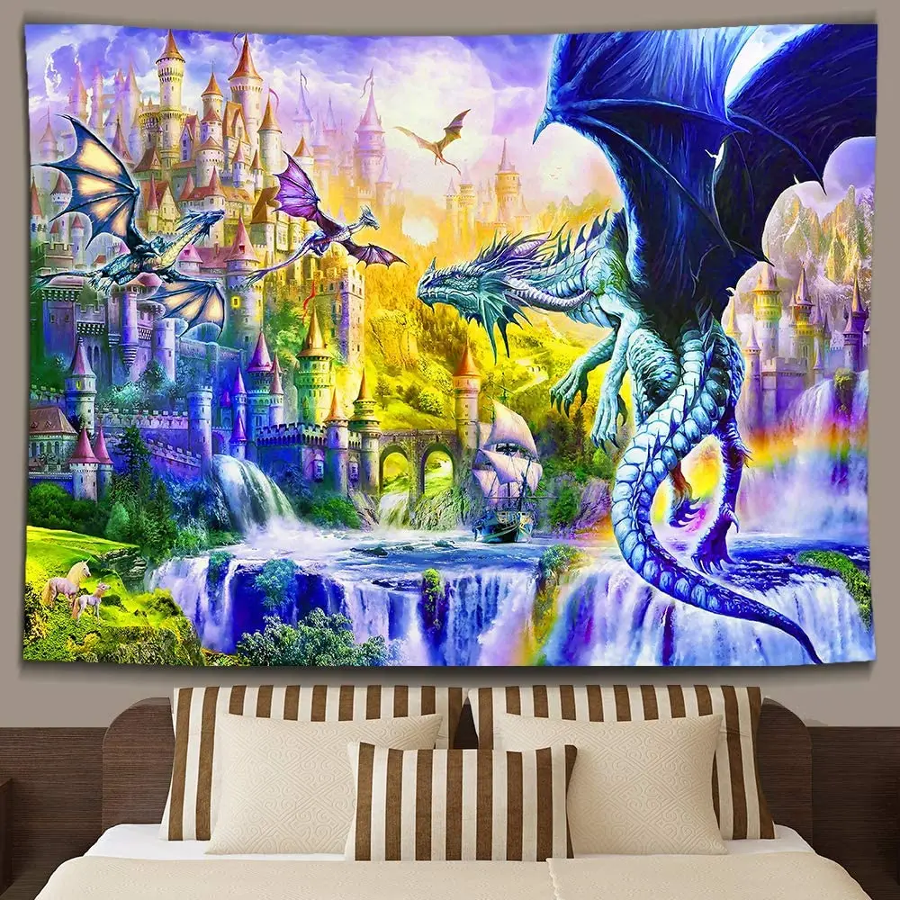 Дракон водопад замок средневековая фантазия существо красочный психоделический