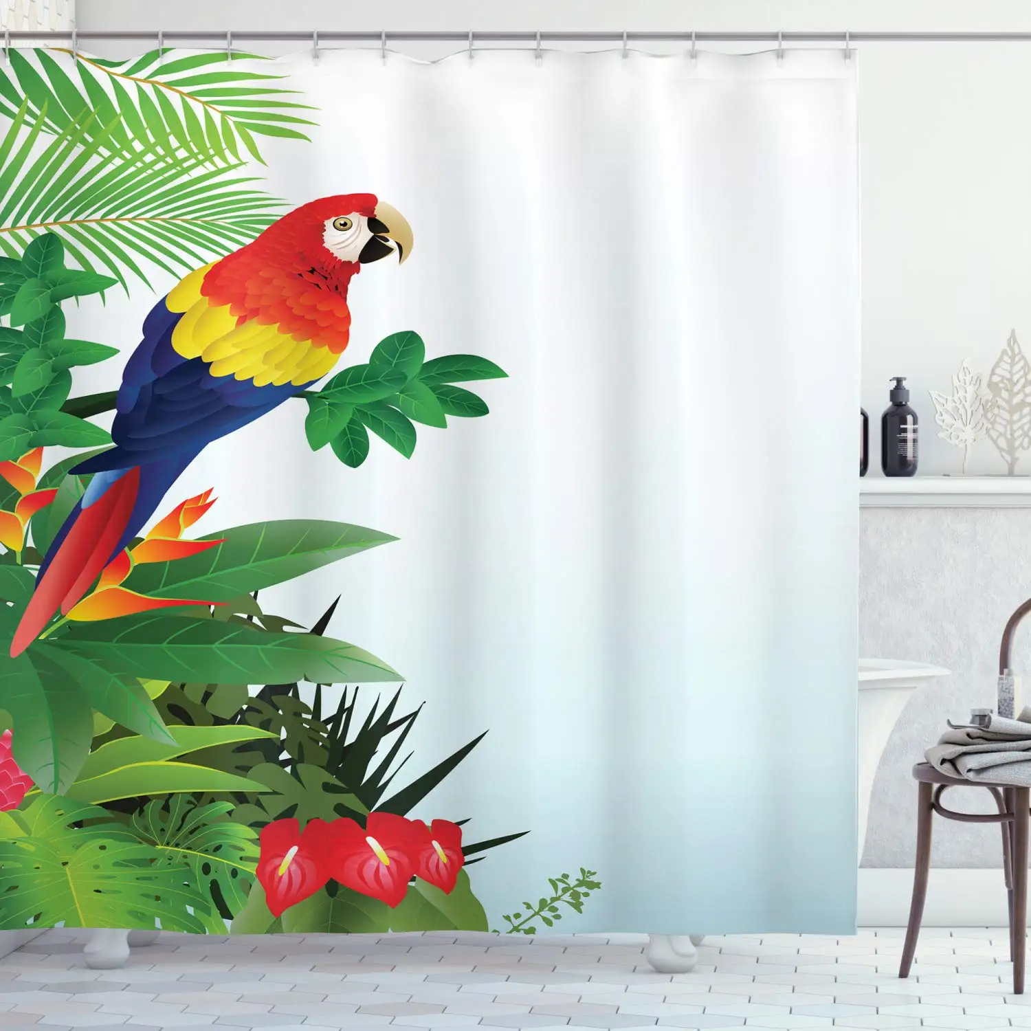 Декор с попугаями занавеска для душа Ambesonne Macaw птица в тропическом лесу цветы