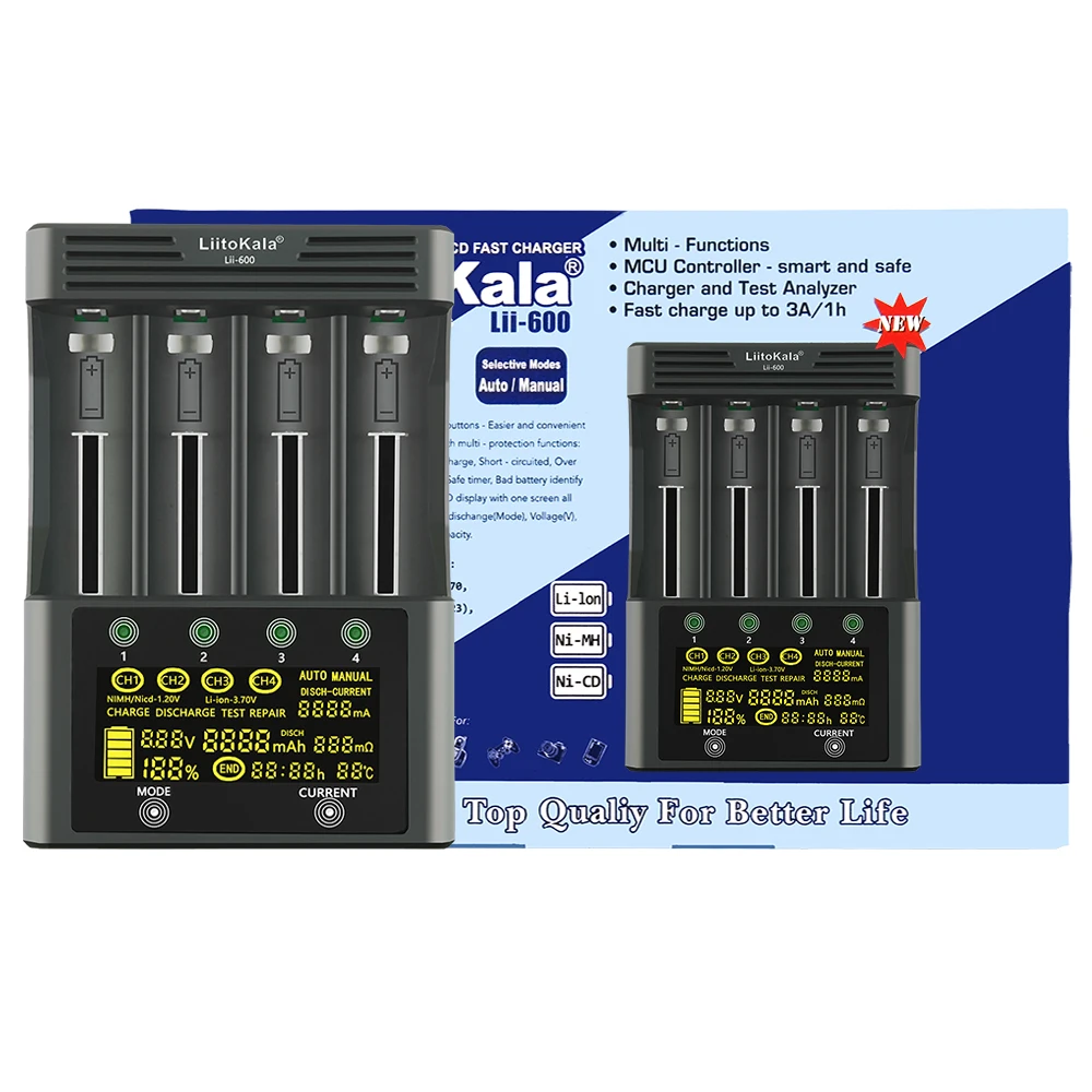 

LiitoKala Lii-600 Battery Charger For Li-ion 3.7V and NiMH 1.2V battery Suitable for 18650 26650 21700 26700 AA AAA12V5A adapter