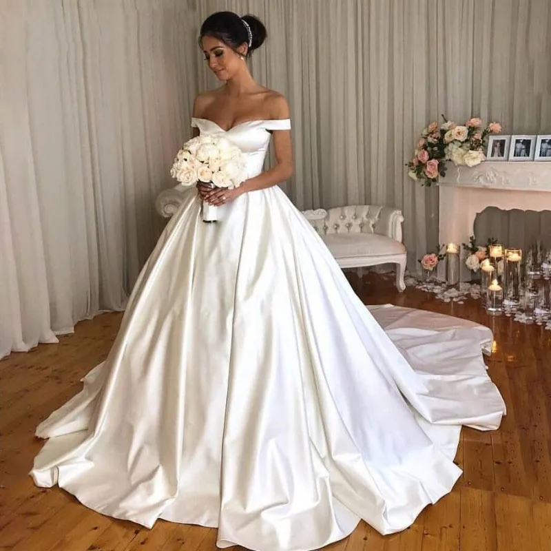 

Princess Ball Gown Wedding Dresses Sexy Off Shoulder Sweetheart Wedding Gown Puffy Sweep Train Customize Bridal Dress