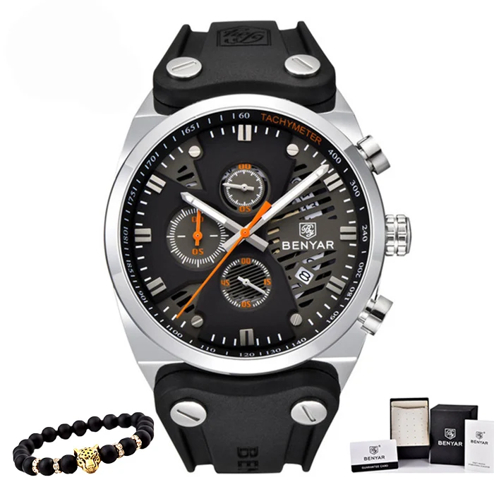 black silver orange Benyar часы мужские роскошные Топ бренд мужские s водонепроницаемые часы мужские спортивные наручные часы Мужские часы с кожаным ремешком Relogio Masculino - Цвет: black silver orange