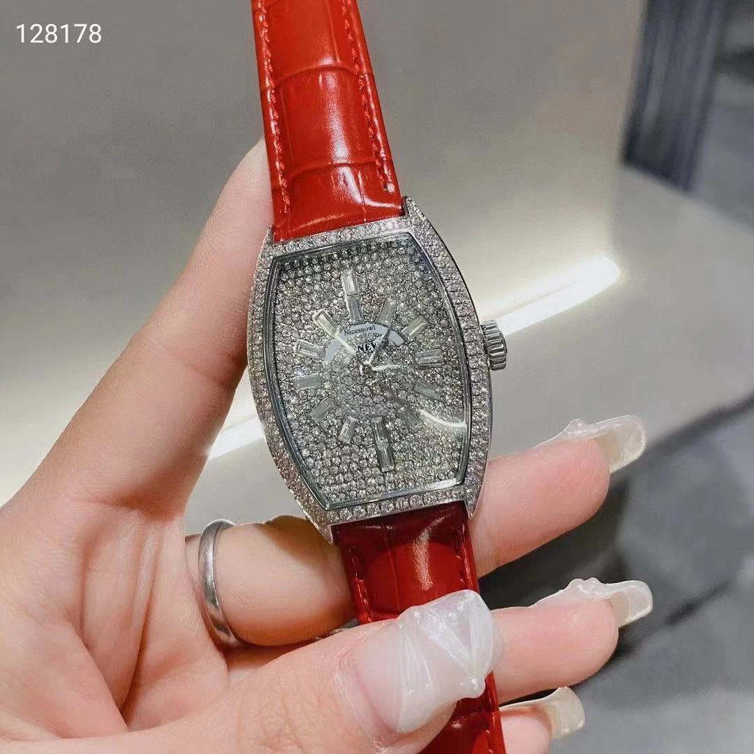 

Classic New Women stainless steel geometric Wine barrel watches green leather zircon quartz clock full crystal diamond watch