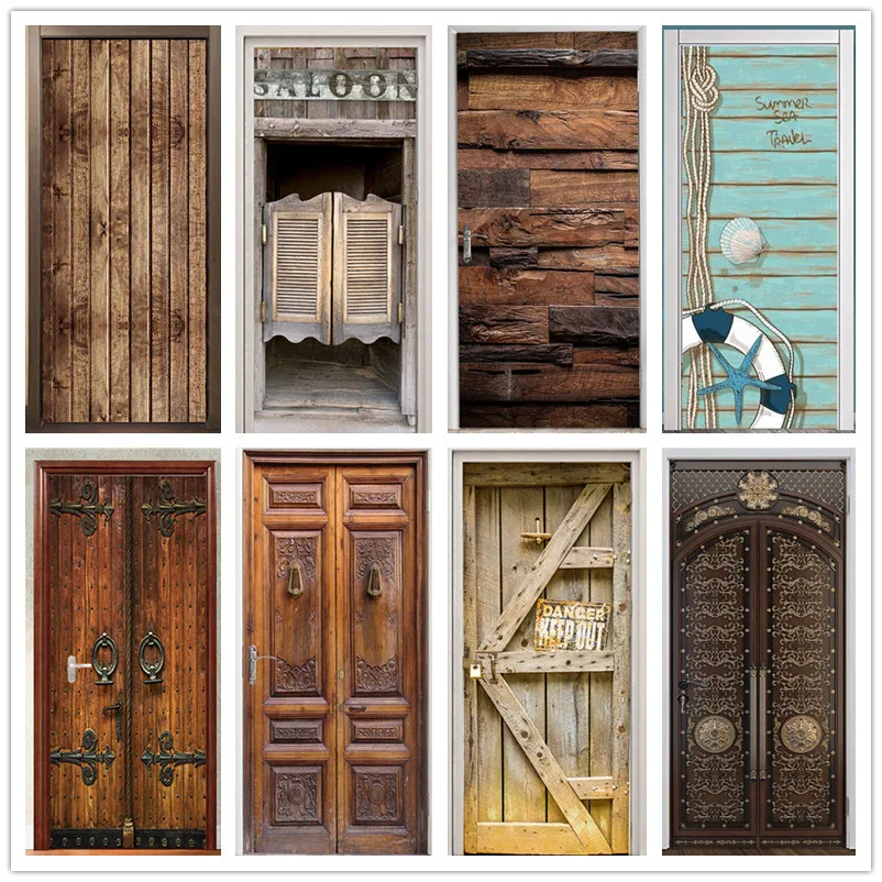

Retro Wooden Door Stickers PVC Waterproof Wallpaper For Doors Living Room Bedroom Home Decor Mural DIY Renovation Decal 90x200cm