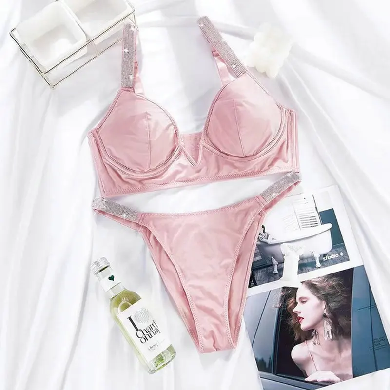 Sexy Letter Rhinestone Underwear Set Pink Women Brand Comfort Brief Sets Push Up Bra Panty 2 Piece Lingerie Sets lenceria mujer