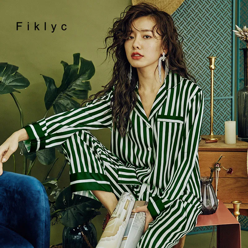 

Fiklyc Striped Women's Sexy Nightwear Pajamas PJS Sets 2PC New Arrival Autumn Casual Sleepwear Pijamas Femme Home Clothing Hot