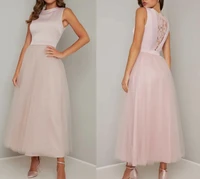 elegant pink evening dresses jewel neck ankle length satin tulle lace prom party gown robe de soiree vestidos longo