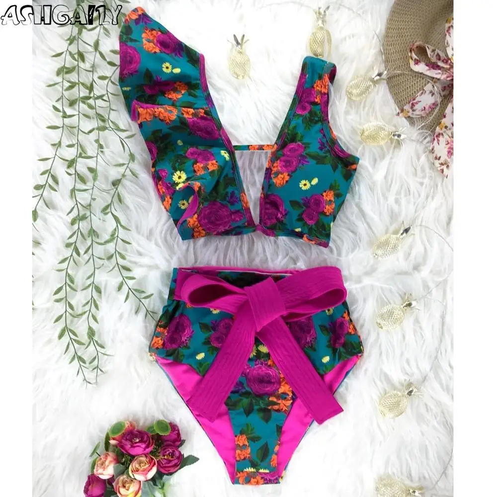 

2021 New Bikini Floral Ruffled Bikini Set Women V-neck High Waist Two Piece Swimsuit Girl Beach Bathing Suit Swimwear Biquinis