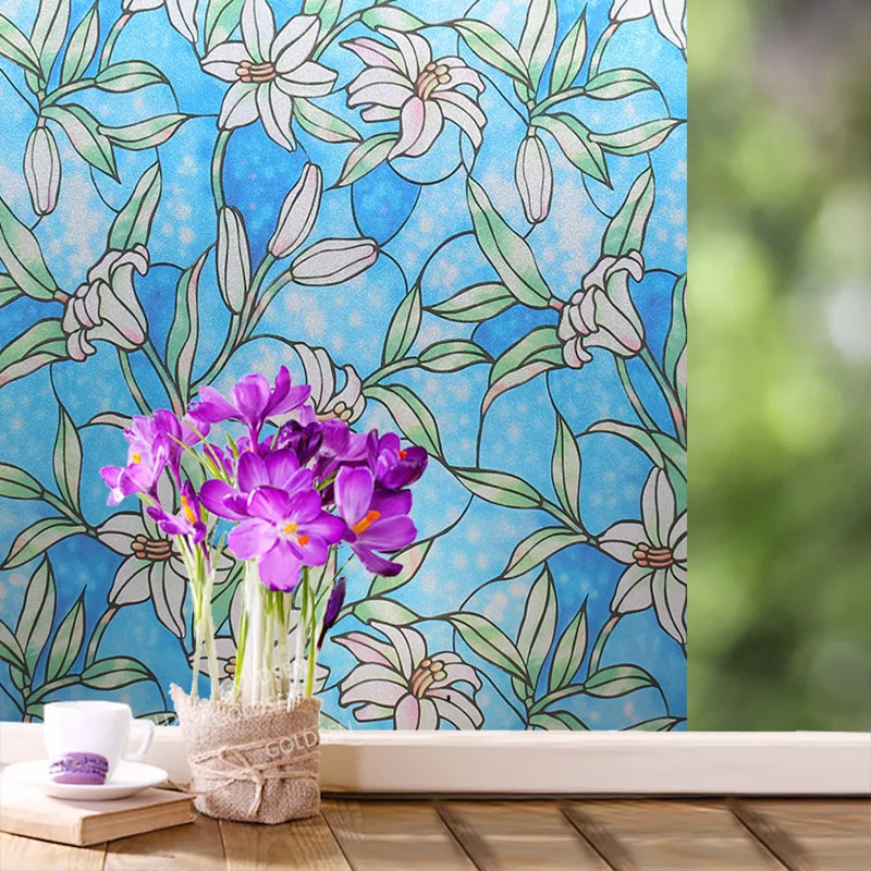 Наклейка на стекло с голубым рисунком Электростатическая матовая пленка для