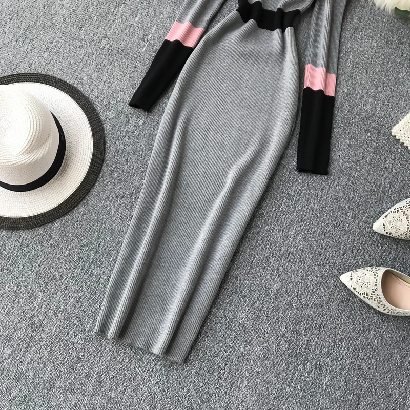 ALPHALMODA осеннее Новое винтажное вязаное платье женское цветное Элегантное зимнее платье с длинными рукавами вязаное платье-футляр