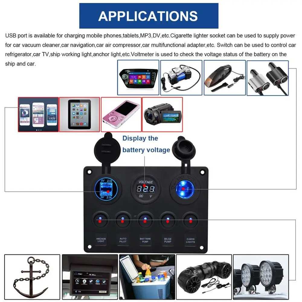 

Yacht Car Round Light Switch + Cigarette Lighter Seat + Dual Usb + Voltmeter Combination Panel Control Panel Switch
