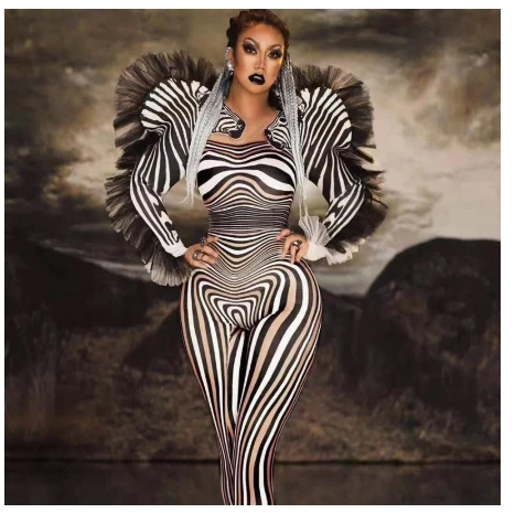 Bar DS Dance Cosplay Bodysuit Costume Prom Clothes Sexy Zebra Pattern Jumpsuit Women Singer Sexy Stage Outfit