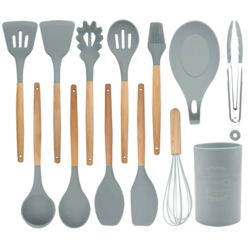 

Wooden Handle Silicone Kitchenware Set Non-stick Cookware Cooking Spoon Frying Spatula Colander Kitchen Accessories Baking Tools