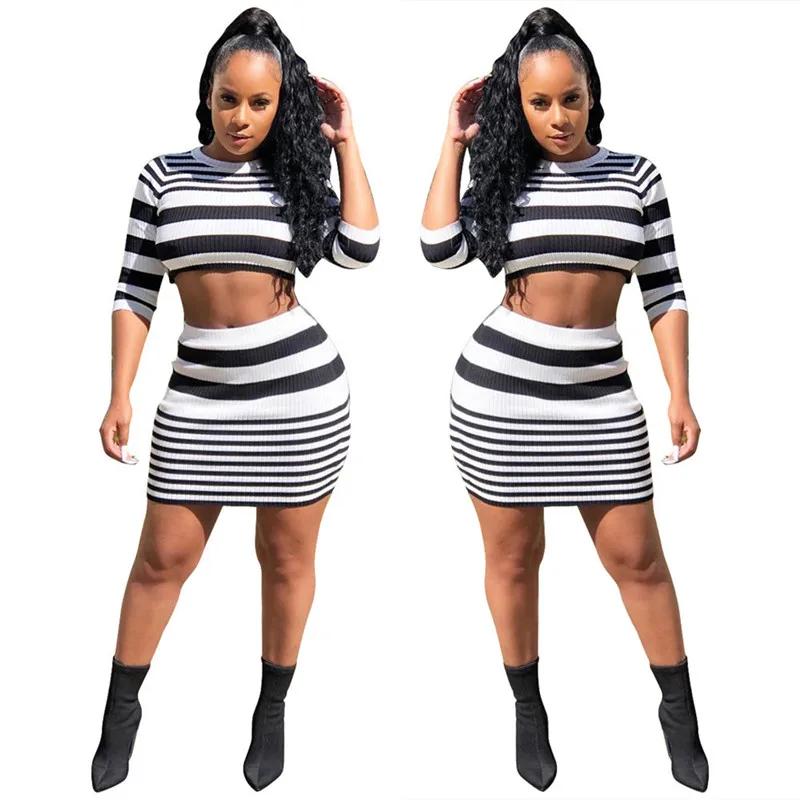 2020 новый дизайн Женский комплект с юбкой круглый вырез полосатый принт короткий