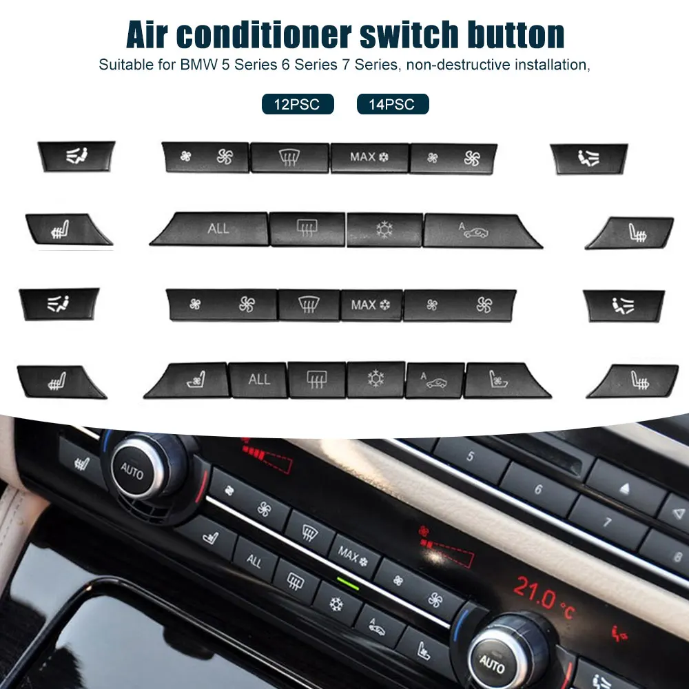 

A/C Heater Button 12/14pcs Key Caps Repair Kit Switch Cover For BMW 5/6/7 Series F01 F02 F06 F07 F10 F11 F12 F13 GT