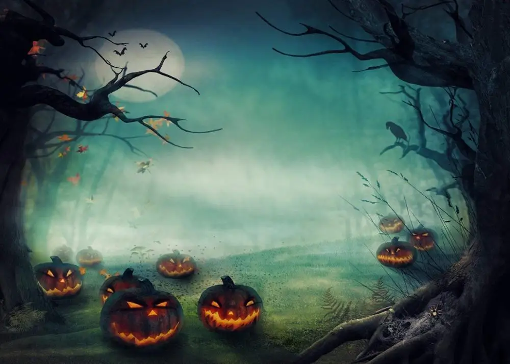 

Happy Halloween Backdrop Pumpkin Lantern Night Forest Customized Vinyl Photography Backgrounds For Photo Studio