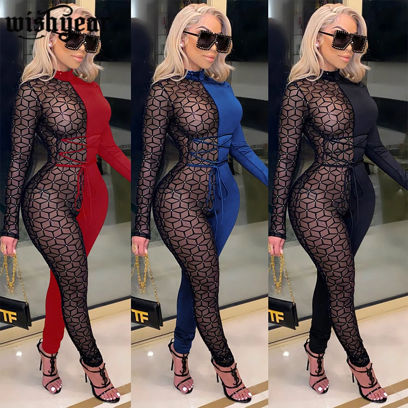 

Блестящий Прозрачный сетчатый комбинезон со стразами в стиле пэчворк Женская водолазка с длинным рукавом цельный комбинезон на шнуровке н...