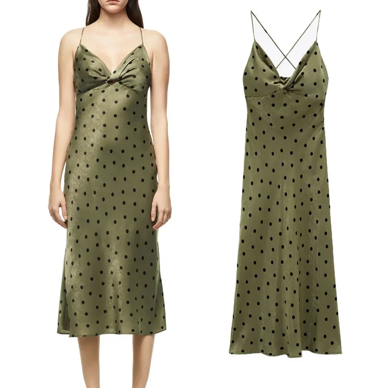 

Summer Za 2021 Green Polka Dot Midi Dress Women Sexy Backless Party Dresses Woman Elegant Slip Cross Strap Knot Female Camisole