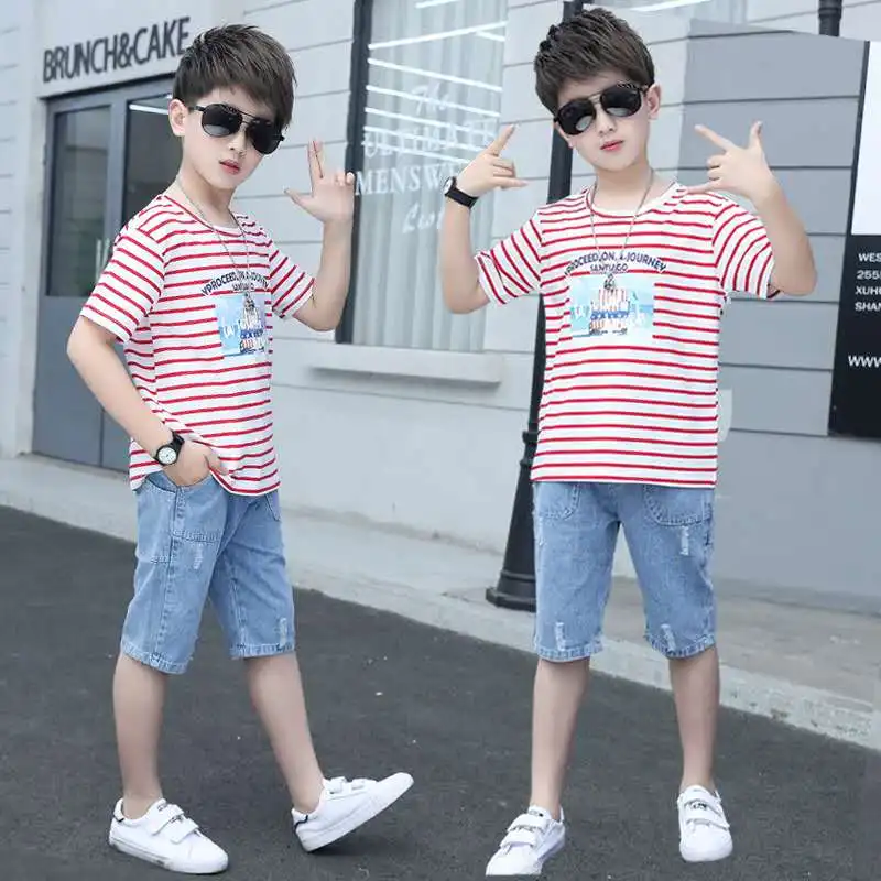 

Летний костюм для мальчиков, новинка 2020, повседневный детский хлопковый комплект с коротким рукавом, футболка в полоску для мальчиков + джин...