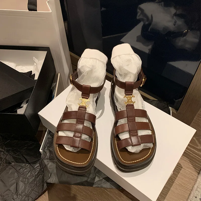 

Women Retro Sandals Woven Buckle Real Cowhide Sandals Sporty Vacation Roman Shoes Internal Increase