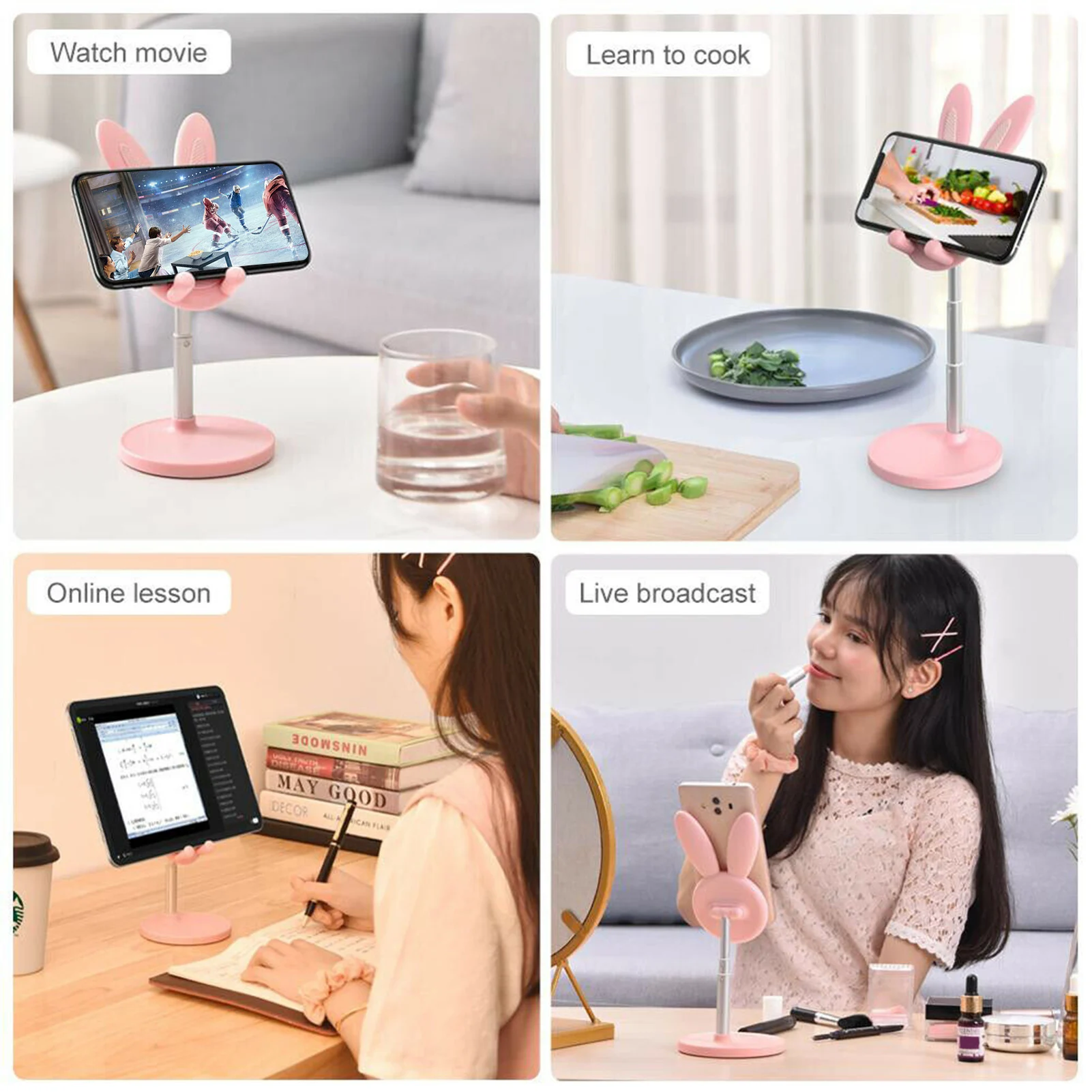 rabbit ears phone holder pink telescopic cartoon adjustable bunny ear tablet stand desktop rack pc mobile phone accessories free global shipping