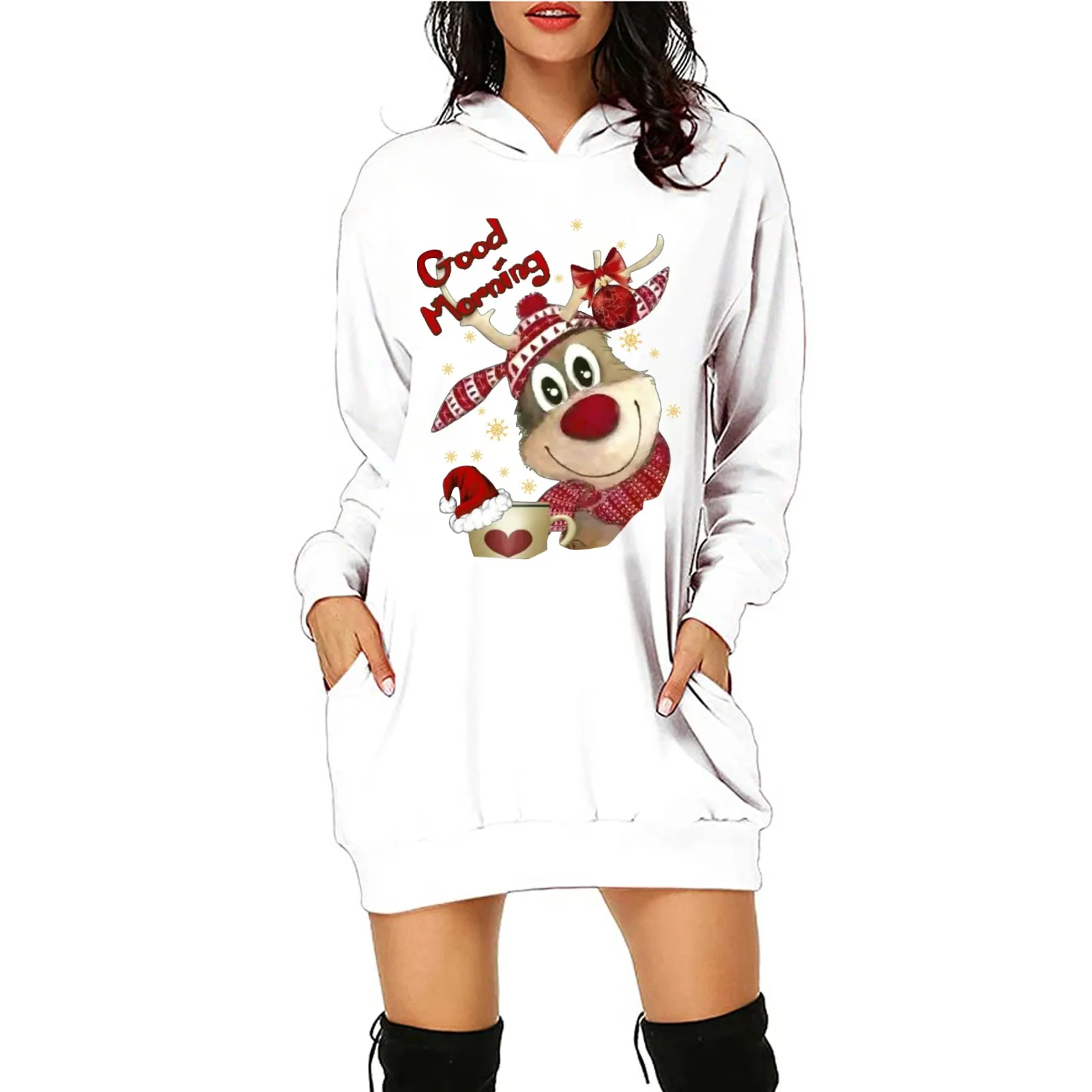 

Woman Dress Autumn Winter Casual Long Sleeve Pocket Hoodie Dress Women Christmas Deer Print Hooded dresses vestido de mujer