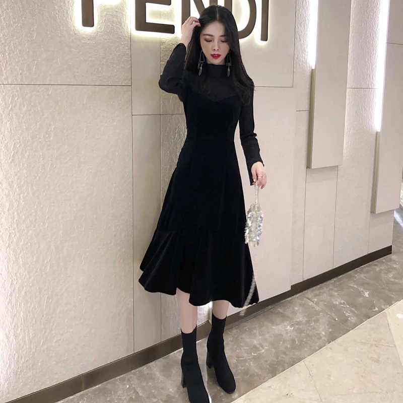 Женские платья весенне-осеннее бархатное платье большого размера с кружевной