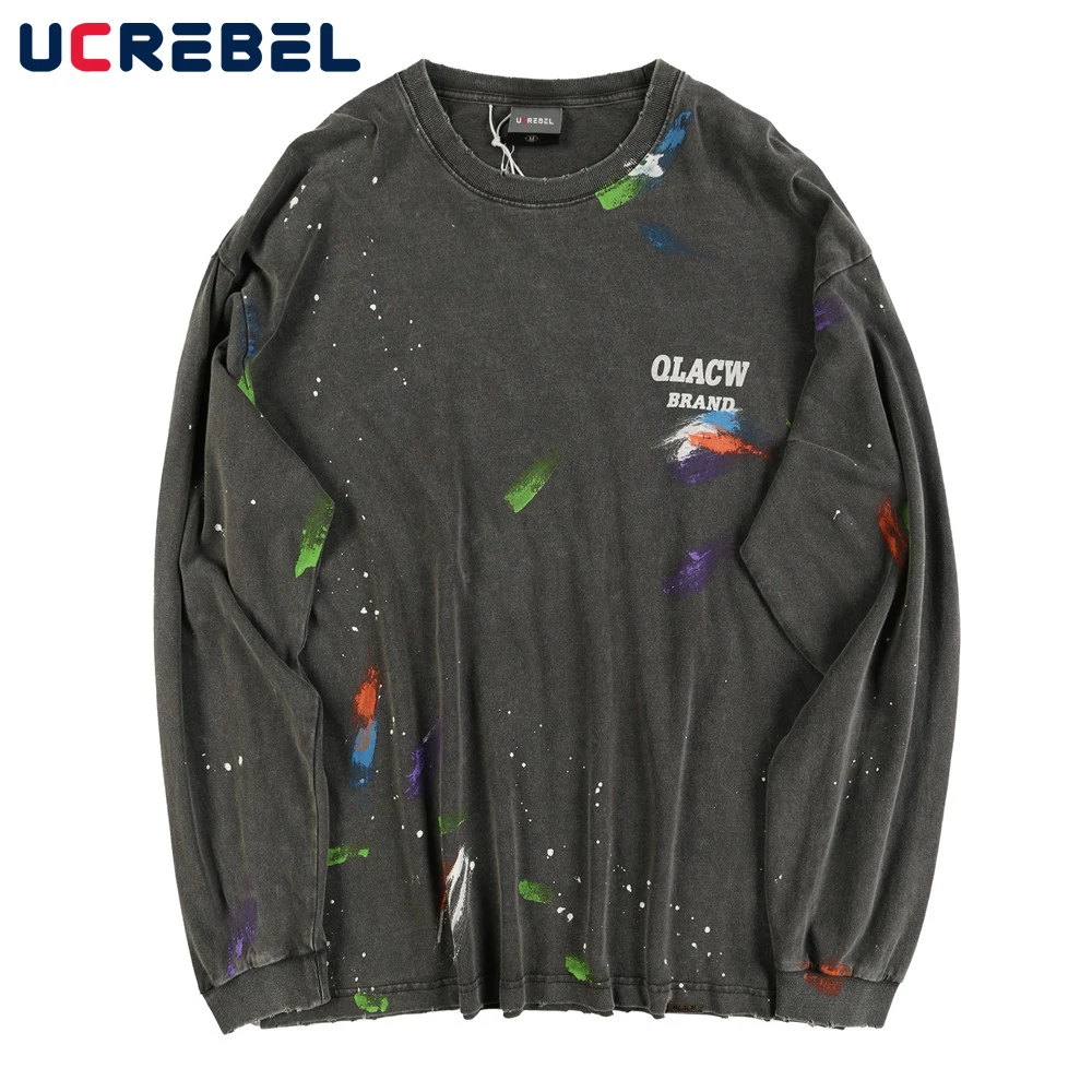 

Letter Painted Print Long Sleeve T-shirt Mens Autumn Distressed Cotton Tee Streetwear Casual Loose Crew Neck Tshirt Men