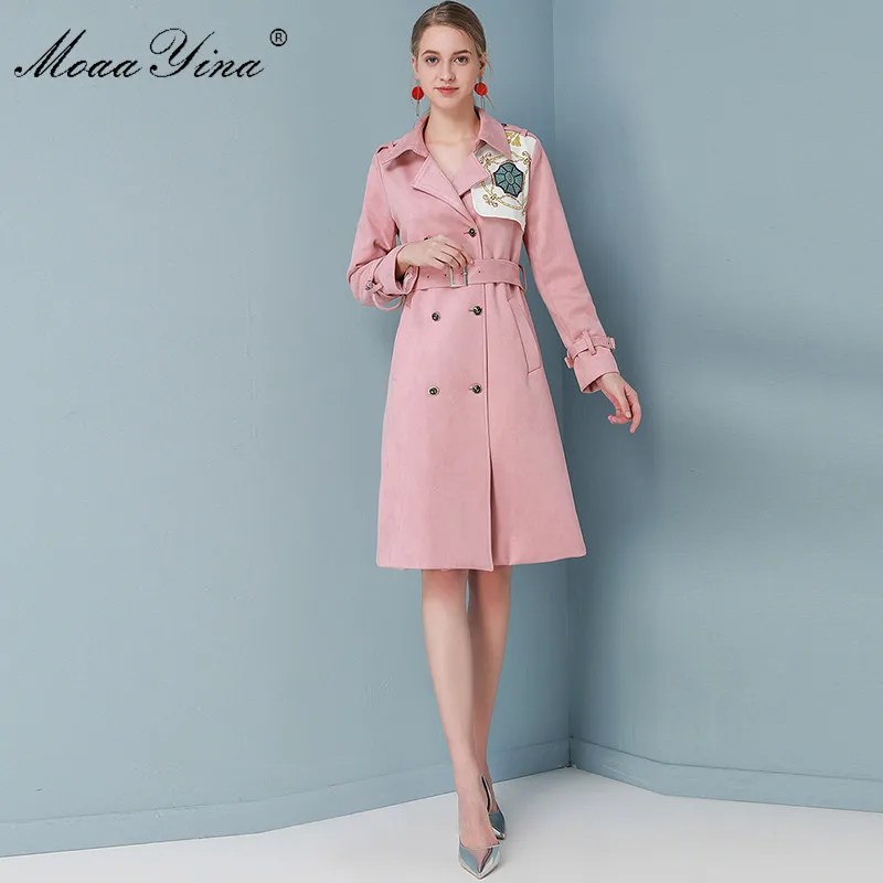 MoaaYina модная дизайнерская Длинная ветровка с длинным рукавом двубортный пояс