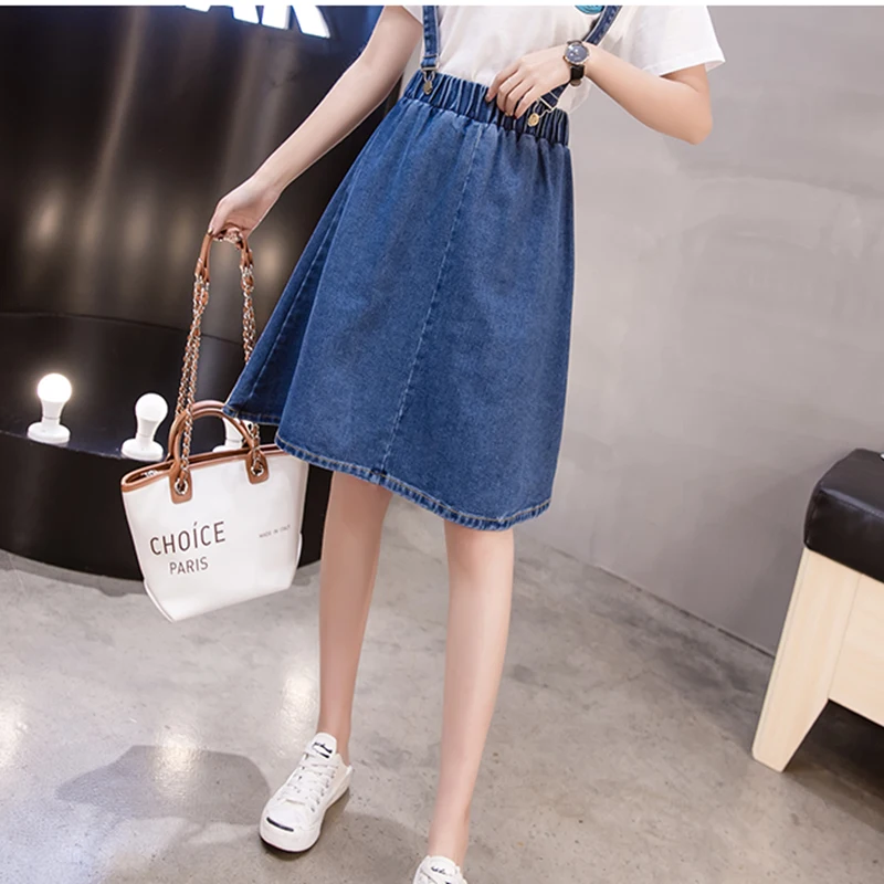 Women Denim Skirt Suspender Jumper Adjustable-Strap Plus-Size High-Waist Jean Fashion Ladies Casual Student A-Line | Женская одежда