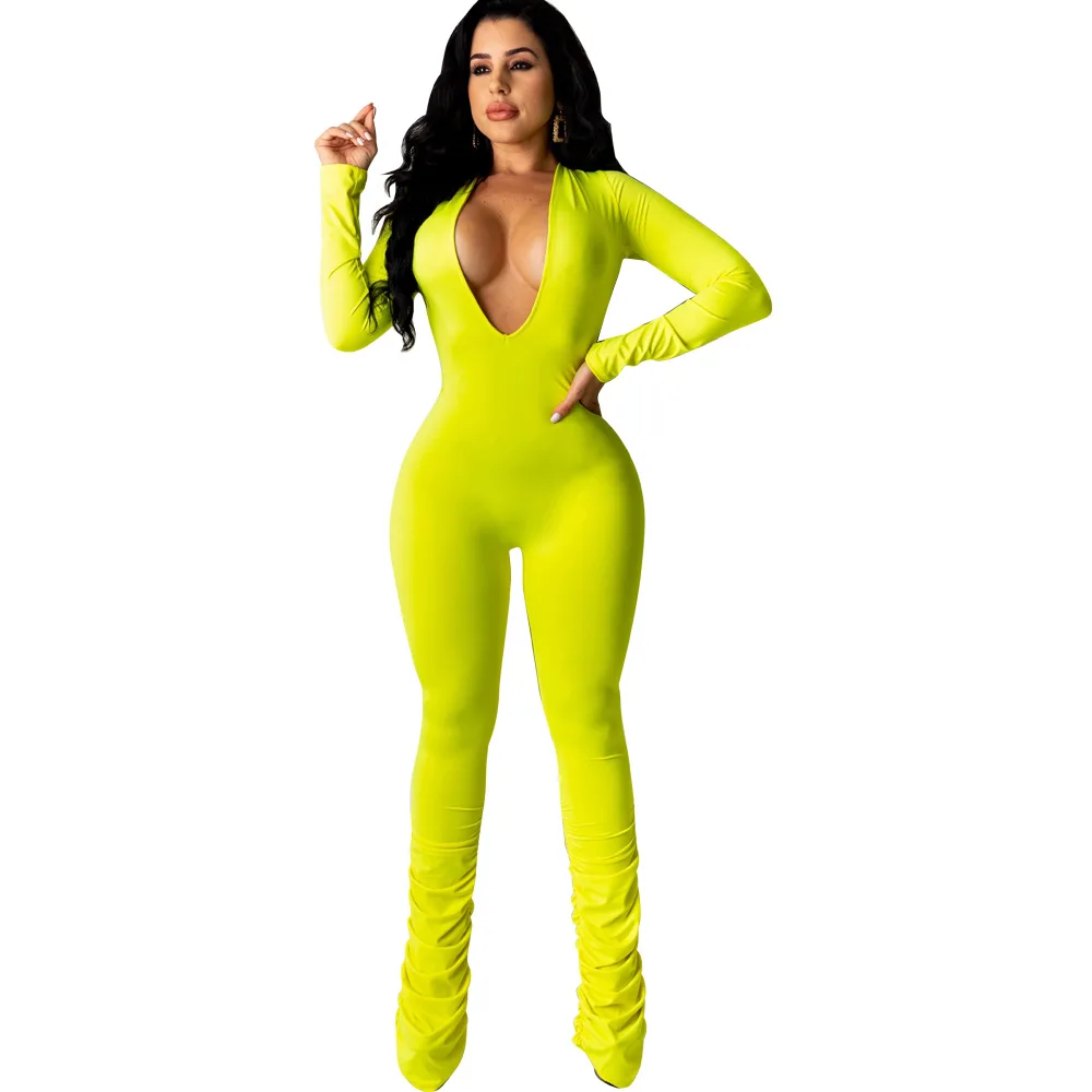 

Candy Solid Color Deep V Neck Long Sleeve Women Slim Jumpsuit Night Club Sexy Female Bodycon Ruched Rompers Female Catsuit