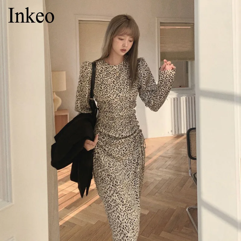 

Модное Длинное Платье с леопардовым принтом, женское летнее платье миди с круглым вырезом и длинным рукавом, оборками, богемные платья, повс...