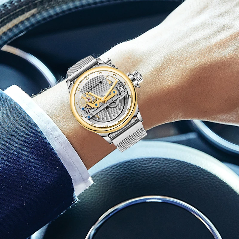 

Forsining 2021 Hot Men's Automatic Watches Top Brand Luxury Transparent Case Skeleton Dial Golden Bezel Silver Mesh Band Wris