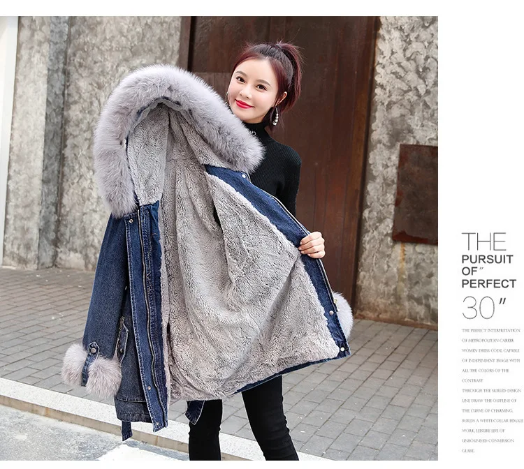 

FNOCE women's jean jackets plus velvet thickened winter 2020 streetwear fashion hooded fur collar warm X-Long denim coats