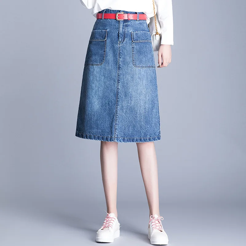 Летняя джинсовая женская юбка с высокой талией и карманами Повседневная тонкая